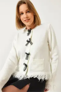Bianco Lucci Women's Fringed Ribbon Pocket Knitwear Cardigan 241107
