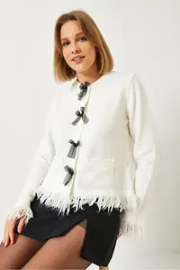 Bianco Lucci Women's Fringed Ribbon Pocket Knitwear Cardigan 241107 - Image 2