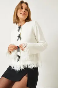 Bianco Lucci Women's Fringed Ribbon Pocket Knitwear Cardigan 241107 - Image 3
