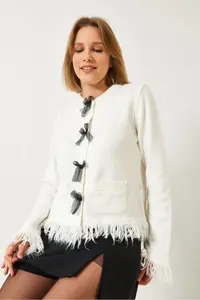 Bianco Lucci Women's Fringed Ribbon Pocket Knitwear Cardigan 241107 - Image 4