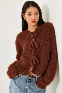 Bianco Lucci Women's Front Tied Fringed Cardigan 241117