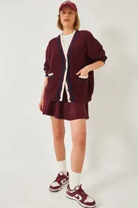 Bianco Lucci Women's Braided Button Detailed Striped Pocket Cardigan 241143
