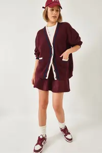 Bianco Lucci Women's Braided Button Detailed Striped Pocket Cardigan 241143 - Image 2