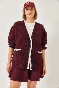 Bianco Lucci Women's Braided Button Detailed Striped Pocket Cardigan 241143 - Image 3