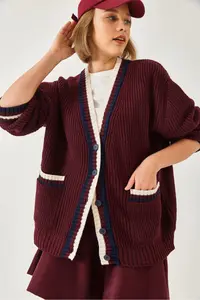 Bianco Lucci Women's Braided Button Detailed Striped Pocket Cardigan 241143 - Image 4