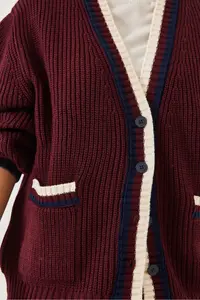 Bianco Lucci Women's Braided Button Detailed Striped Pocket Cardigan 241143 - Image 5