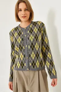 Bianco Lucci Women's Baklava Pattern Crew Neck Buttoned Knitwear Cardigan 241152 - Image 5