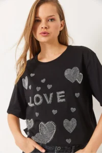 Bianco Lucci Women's Crew Neck Bead and Stone Heart Printed T-Shirt - Image 2