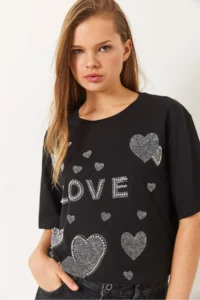 Bianco Lucci Women's Crew Neck Bead and Stone Heart Printed T-Shirt - Image 3