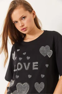 Bianco Lucci Women's Crew Neck Bead and Stone Heart Printed T-Shirt - Image 4