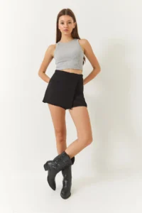 Bianco Lucci Women's Hidden Zipper Detailed Shiny Covered Shorts Skirt 8399 - Image 3