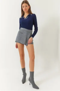 Bianco Lucci Women's Hidden Zipper Detailed Shiny Covered Shorts Skirt 8399