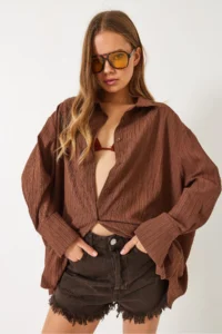 Bianco Lucci Women's Low Shoulder Oversize Basic Bürümcük Shirt 60392 - Image 6
