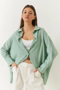 Bianco Lucci Women's Low Shoulder Oversize Basic Bürümcük Shirt 60392 - Image 2