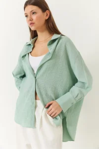 Bianco Lucci Women's Low Shoulder Oversize Basic Bürümcük Shirt 60392 - Image 5
