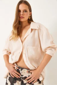 Bianco Lucci Women Oversized V-neck Modal Shirt 60388 - Image 3