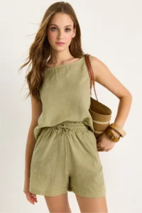 Bianco Lucci Women's Thick Strap Blouse with Elastic Waist Pocket Details Shorts Self-Embroidered Muslin Suit