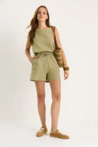 Bianco Lucci Women's Thick Strap Blouse with Elastic Waist Pocket Details Shorts Self-Embroidered Muslin Suit - Image 3
