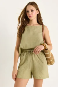 Bianco Lucci Women's Thick Strap Blouse with Elastic Waist Pocket Details Shorts Self-Embroidered Muslin Suit - Image 5