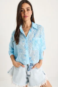 Bianco Lucci Women's Floral Patterned Half Sleeve Single Pocket Detailed Jacquard Transparent Shirt - Image 2