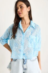 Bianco Lucci Women's Floral Patterned Half Sleeve Single Pocket Detailed Jacquard Transparent Shirt - Image 3