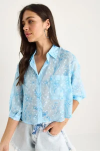 Bianco Lucci Women's Floral Patterned Half Sleeve Single Pocket Detailed Jacquard Transparent Shirt - Image 4