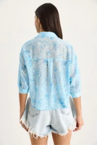 Bianco Lucci Women's Floral Patterned Half Sleeve Single Pocket Detailed Jacquard Transparent Shirt - Image 6