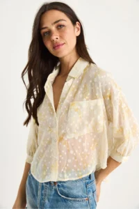 Bianco Lucci Women's Floral Patterned Half Sleeve Single Pocket Detailed Jacquard Transparent Shirt