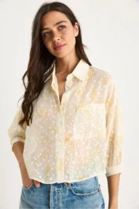 Bianco Lucci Women's Floral Patterned Half Sleeve Single Pocket Detailed Jacquard Transparent Shirt - Image 3