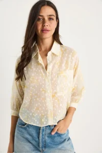 Bianco Lucci Women's Floral Patterned Half Sleeve Single Pocket Detailed Jacquard Transparent Shirt - Image 4