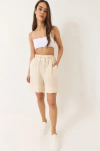 Bianco Lucci Women's Elastic Waist Pocket Detailed Double Muslin Shorts 5020