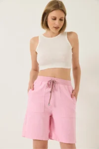 Bianco Lucci Women's Big Pocket Detailed Tied Linen Shorts YP5384