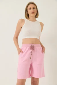 Bianco Lucci Women's Big Pocket Detailed Tied Linen Shorts YP5384 - Image 2