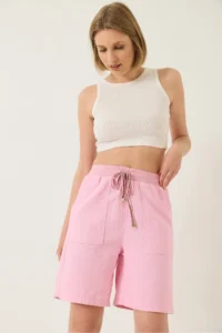 Bianco Lucci Women's Big Pocket Detailed Tied Linen Shorts YP5384 - Image 3