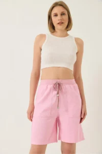 Bianco Lucci Women's Big Pocket Detailed Tied Linen Shorts YP5384 - Image 4