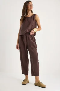 Bianco Lucci Women's Thick Strap Blouse with Elastic Waist Trousers Modal Suit 3089
