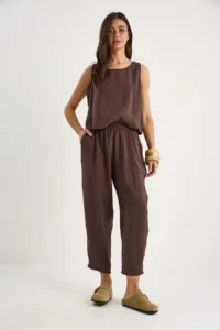 Bianco Lucci Women's Thick Strap Blouse with Elastic Waist Trousers Modal Suit 3089 - Image 2