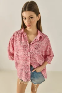 Bianco Lucci Women's V-Neck Half Sleeve Patterned Printed Shirt 6652