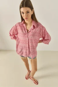 Bianco Lucci Women's V-Neck Half Sleeve Patterned Printed Shirt 6652 - Image 2