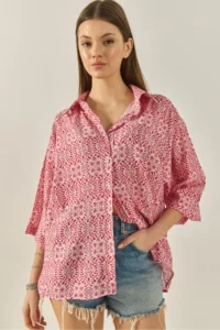 Bianco Lucci Women's V-Neck Half Sleeve Patterned Printed Shirt 6652 - Image 5