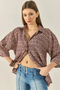 Bianco Lucci Women's V-Neck Half Sleeve Patterned Printed Shirt 6652