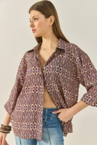 Bianco Lucci Women's V-Neck Half Sleeve Patterned Printed Shirt 6652 - Image 5