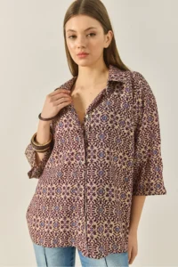 Bianco Lucci Women's V-Neck Half Sleeve Patterned Printed Shirt 6652 - Image 6