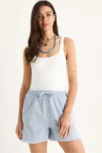 Bianco Lucci Women's Elastic Waist Pocket Detailed High Waist Tasseled Short Linen Shorts YP5322