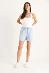 Bianco Lucci Women's Elastic Waist Pocket Detailed High Waist Tasseled Short Linen Shorts YP5322 - Image 2