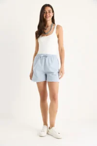 Bianco Lucci Women's Elastic Waist Pocket Detailed High Waist Tasseled Short Linen Shorts YP5322 - Image 3