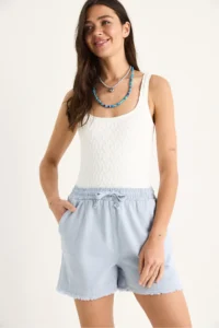 Bianco Lucci Women's Elastic Waist Pocket Detailed High Waist Tasseled Short Linen Shorts YP5322 - Image 4