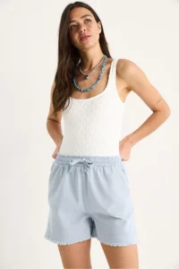 Bianco Lucci Women's Elastic Waist Pocket Detailed High Waist Tasseled Short Linen Shorts YP5322 - Image 5