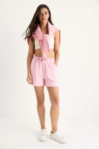 Bianco Lucci Women's Elastic Waist Pocket Detailed High Waist Tasseled Short Linen Shorts YP5322 - Image 2