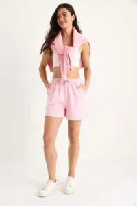 Bianco Lucci Women's Elastic Waist Pocket Detailed High Waist Tasseled Short Linen Shorts YP5322 - Image 3